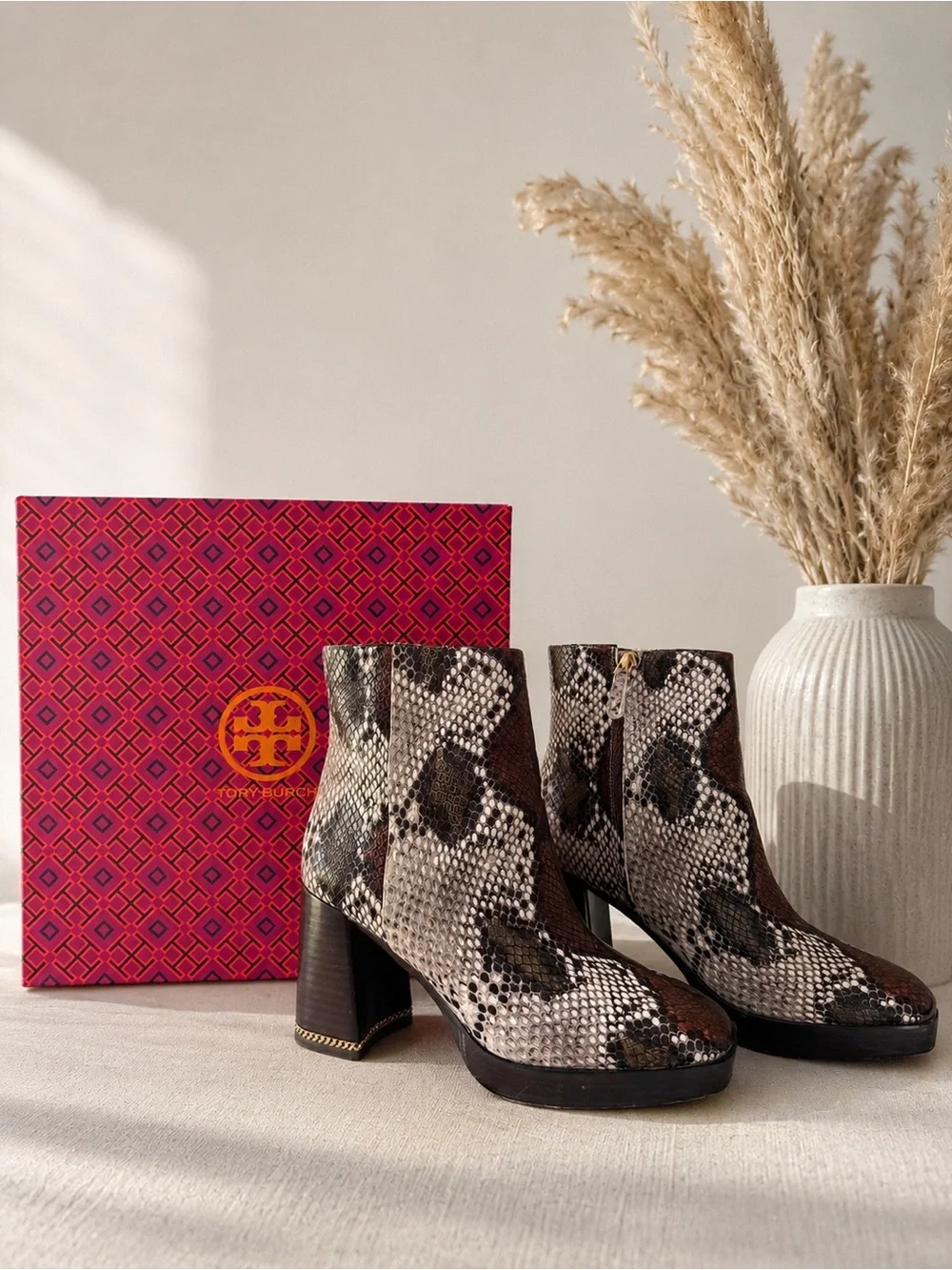 Tory Burch Ruby 90mm Booties in Aspen Multi Printed Snake